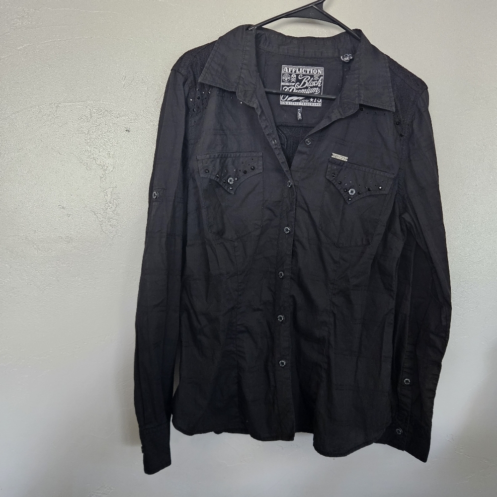 Affliction Black Premium Women's XL Long Sleeve Button Up Shirt Cross Embroidery